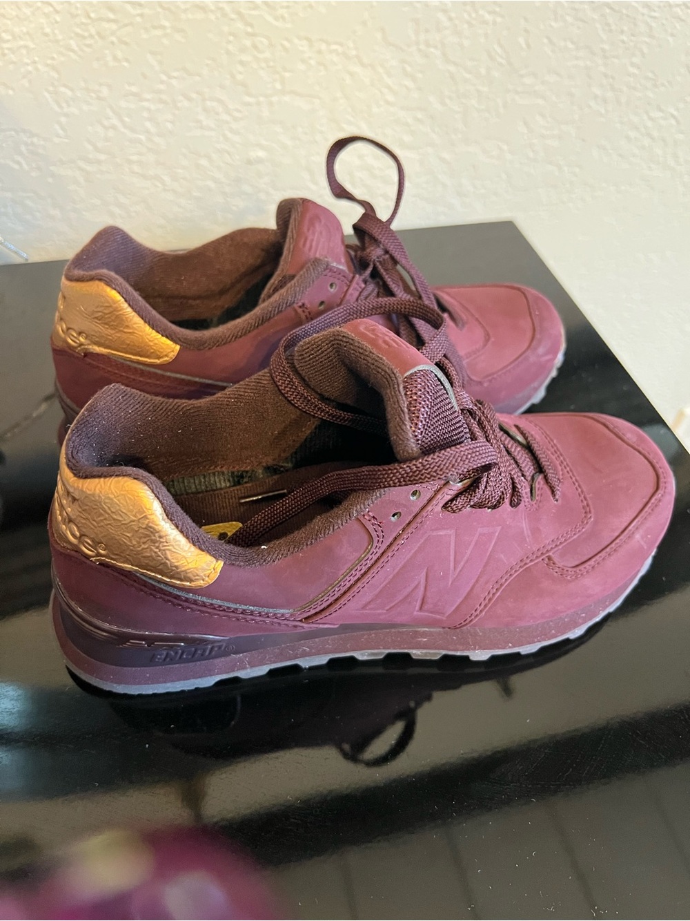 New Balance Maroon Sneakers with Gold Heel Accent